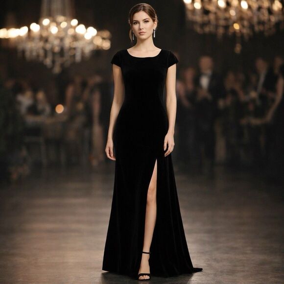 Dresses & Skirts - VTG Black Velvet Evening Gown Womens 12 Stretch Maxi Dress Side Slit Classic JSC
